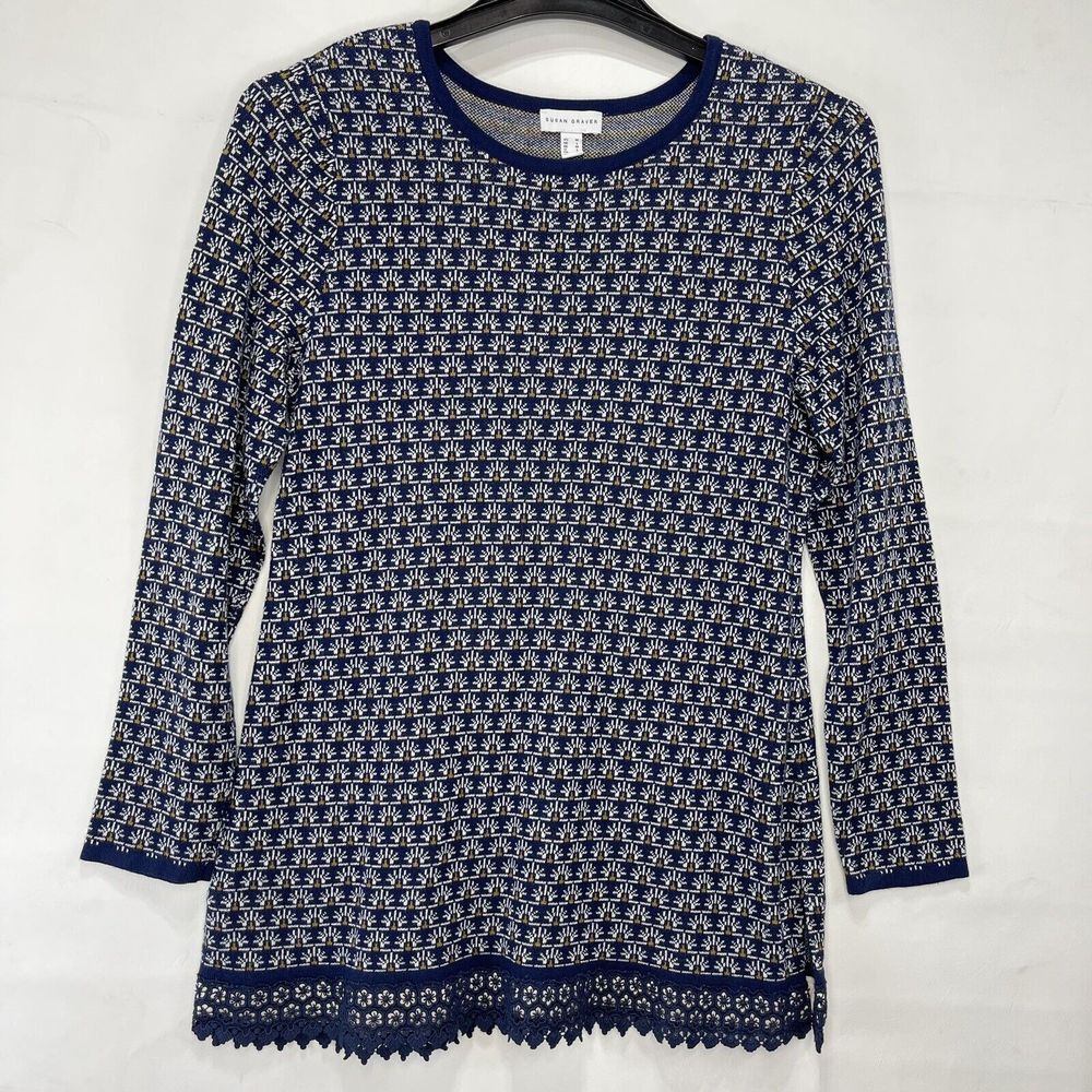 Susan Graver Women Medium Blue Cotton Blend Floral Pattern Long Sleeve Knit